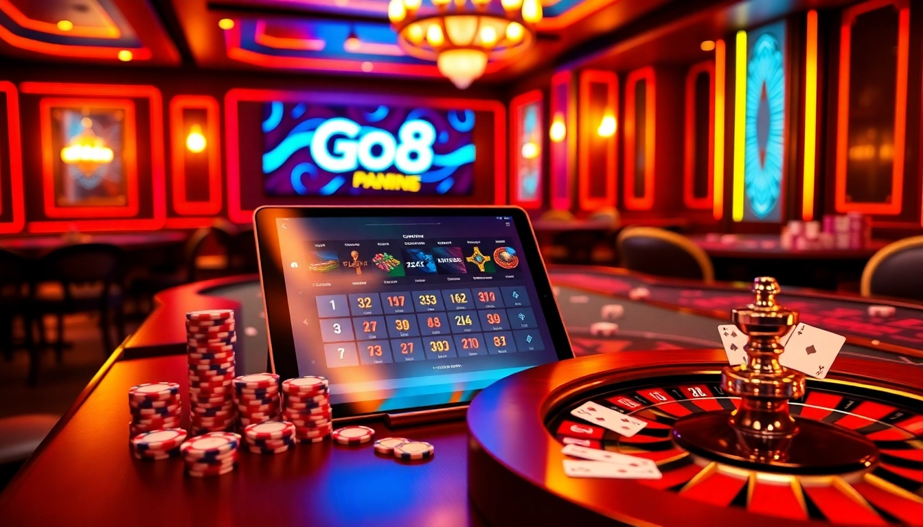 Go8 online gambling scene featuring vibrant casino elements and a tablet interface