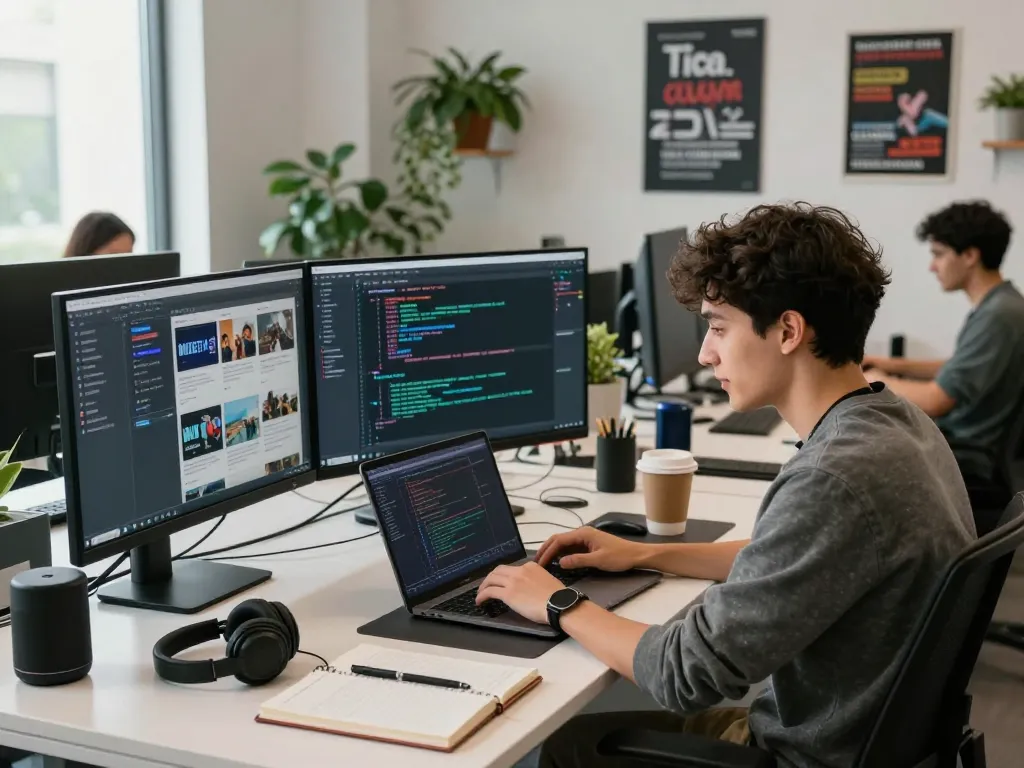 Dynamic workspace of a developer coding on Techsslaash com with vibrant monitors and collaborative atmosphere.