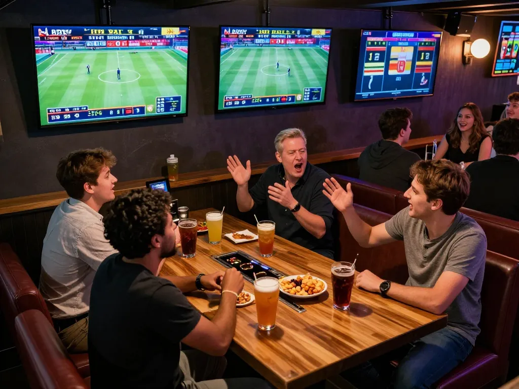 Watch kèo nhà cái updates during a lively sports betting night at a bar.