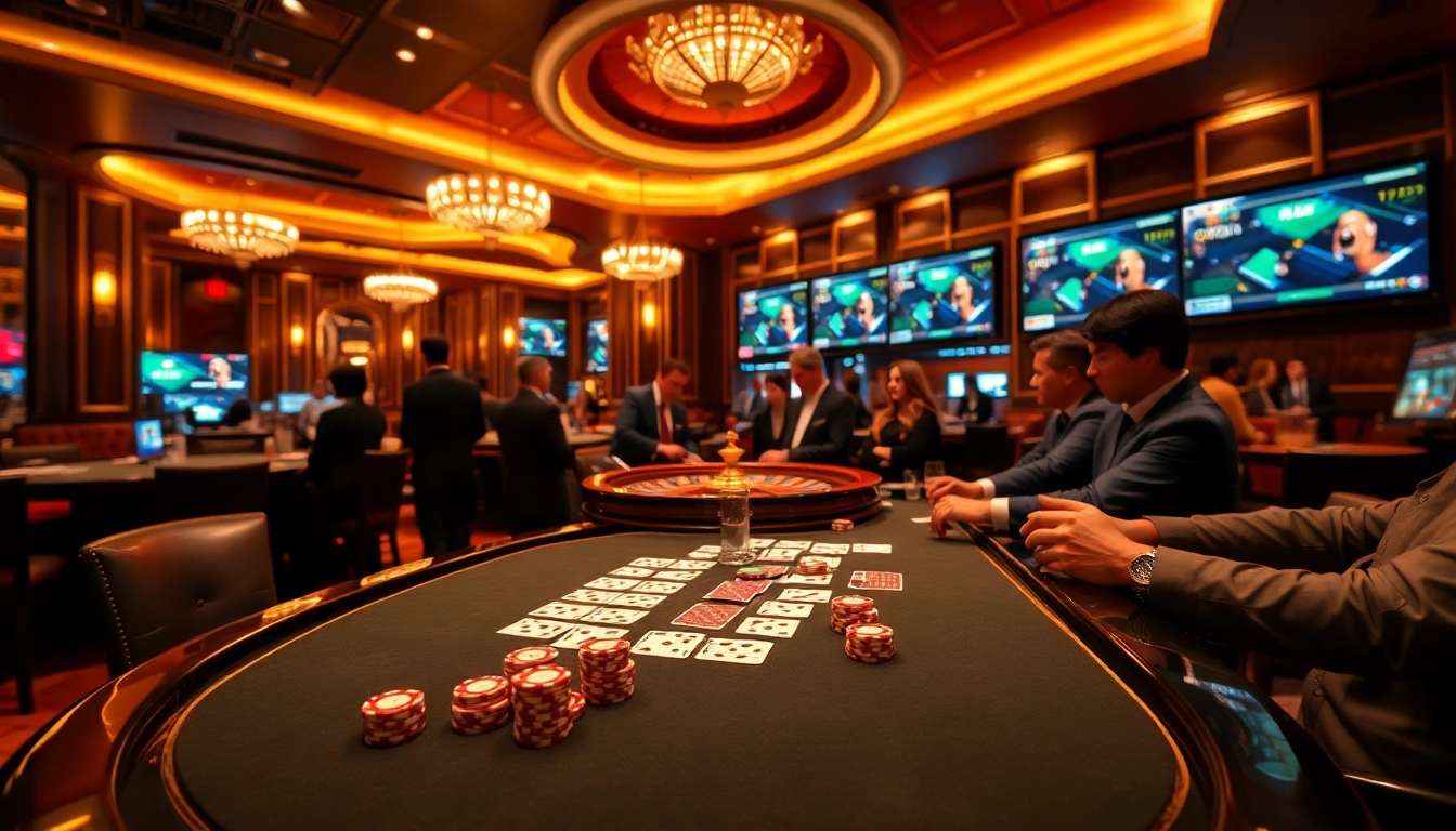 Engaging scene at Nhà cái S8 with excited players at a casino gaming table, showcasing gambling action.
