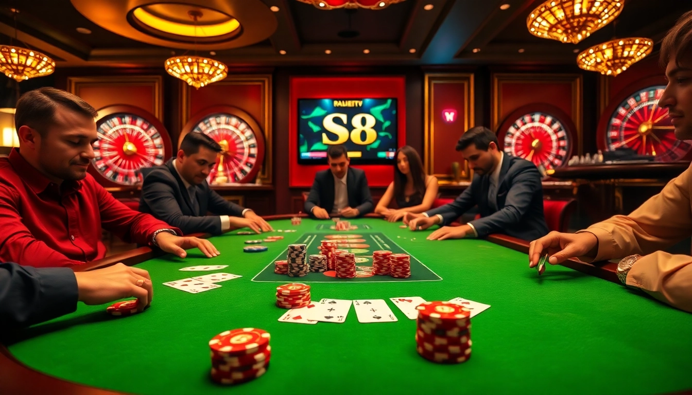 Experience the excitement of S8 poker with vibrant chips and elegant cards in a luxurious casino setting.