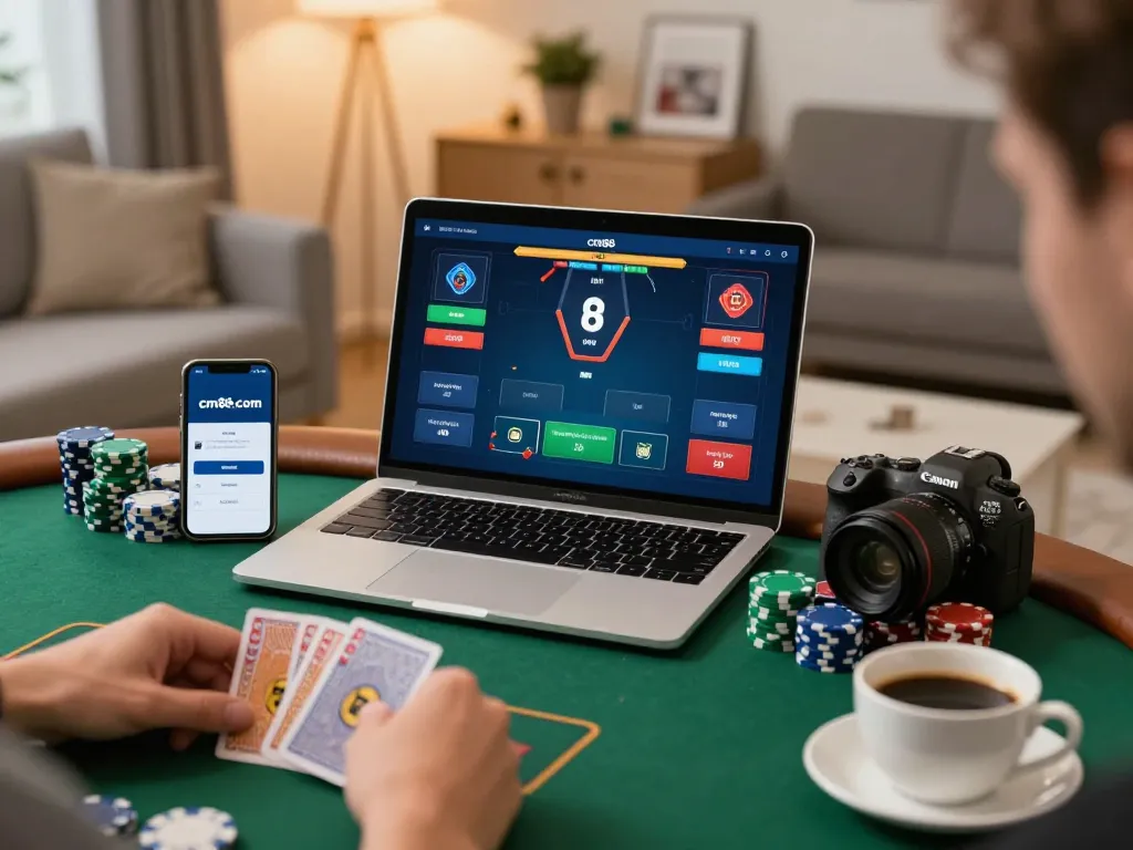 Engaging online poker gameplay on a laptop using cm88.com, showcasing a cozy home setup.
