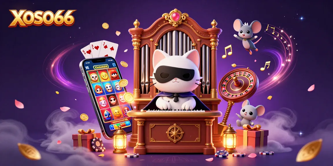 Experience the excitement of XOSO66 with vibrant casino elements, including games and rewards in a magical setting.