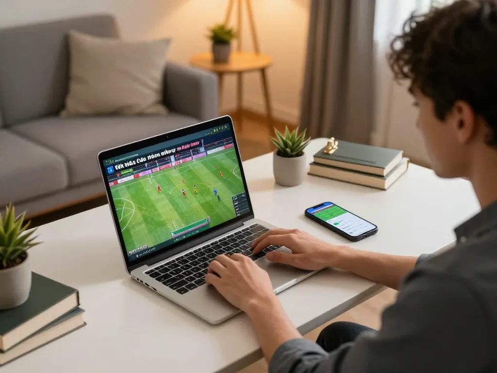 Kèo nhà cái hôm nay displayed on a laptop while placing sports bets at home, showcasing a strategic betting setup