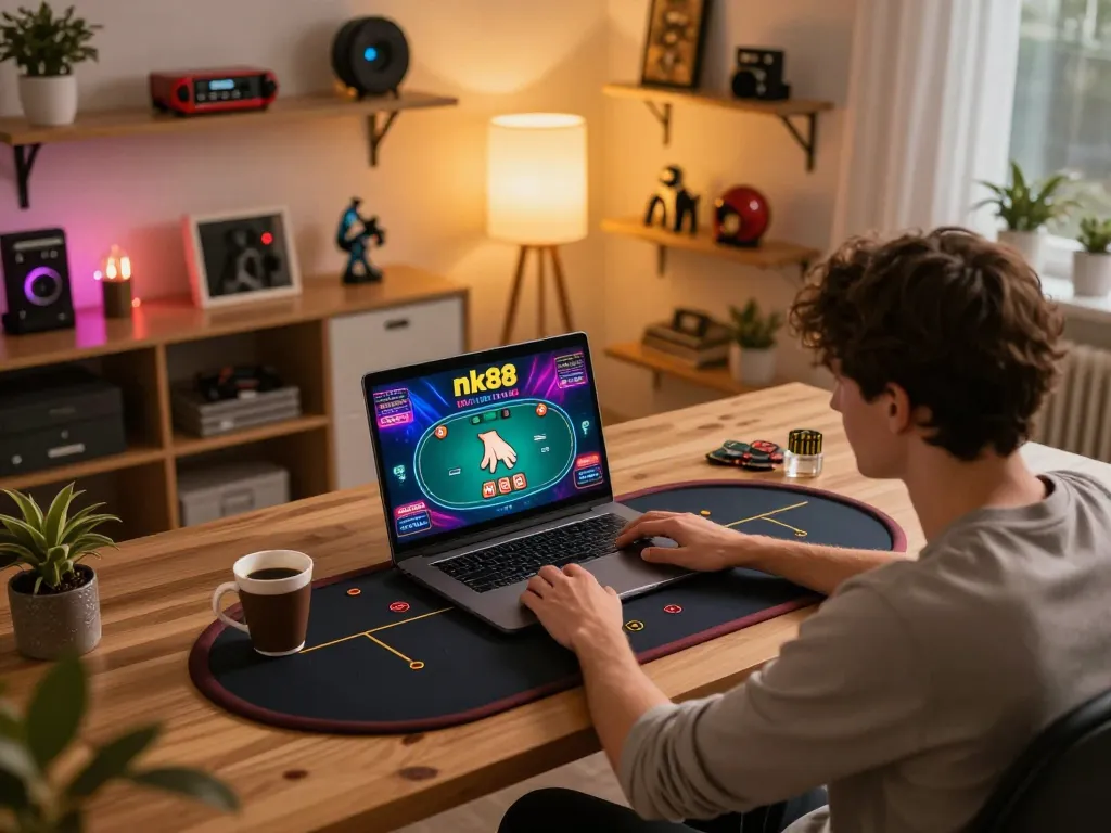Engaged player enjoying nk88 poker, showcasing strategic decisions in a warm home setting