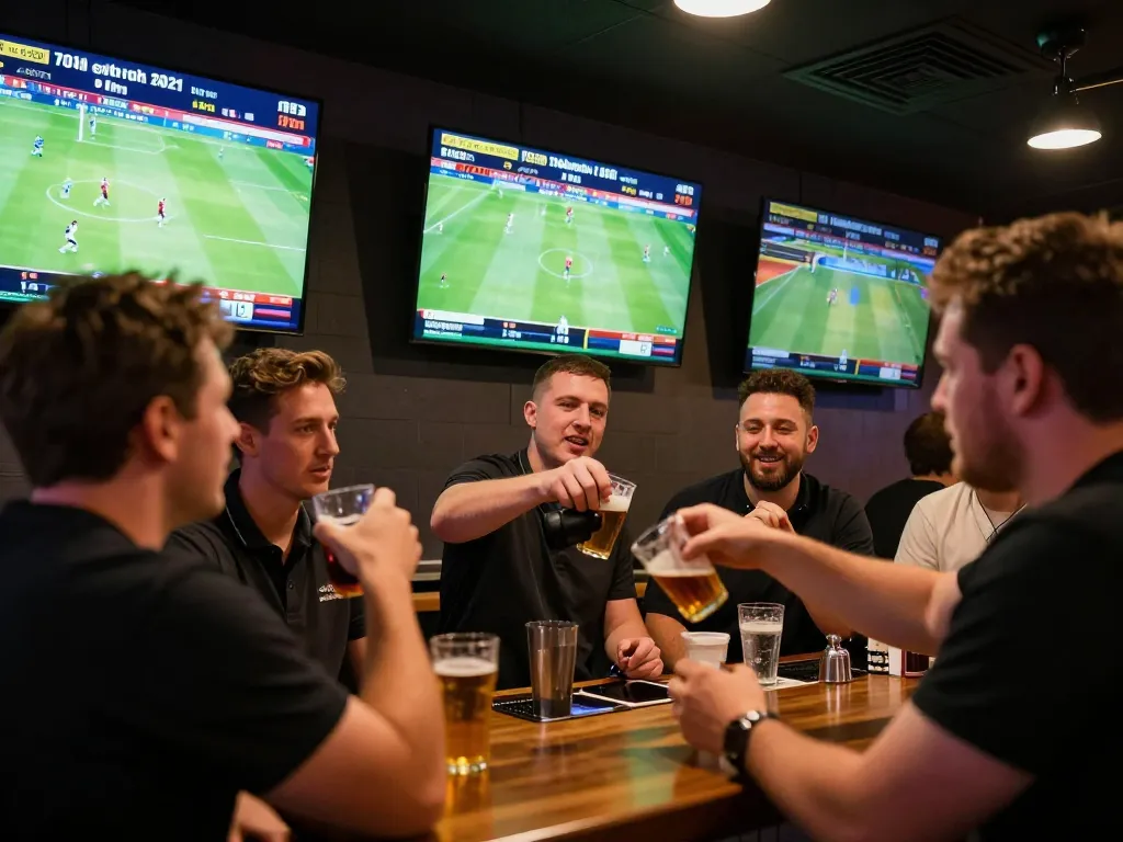 Betters celebrating winning bets on a 7m sports betting line in lively bar atmosphere