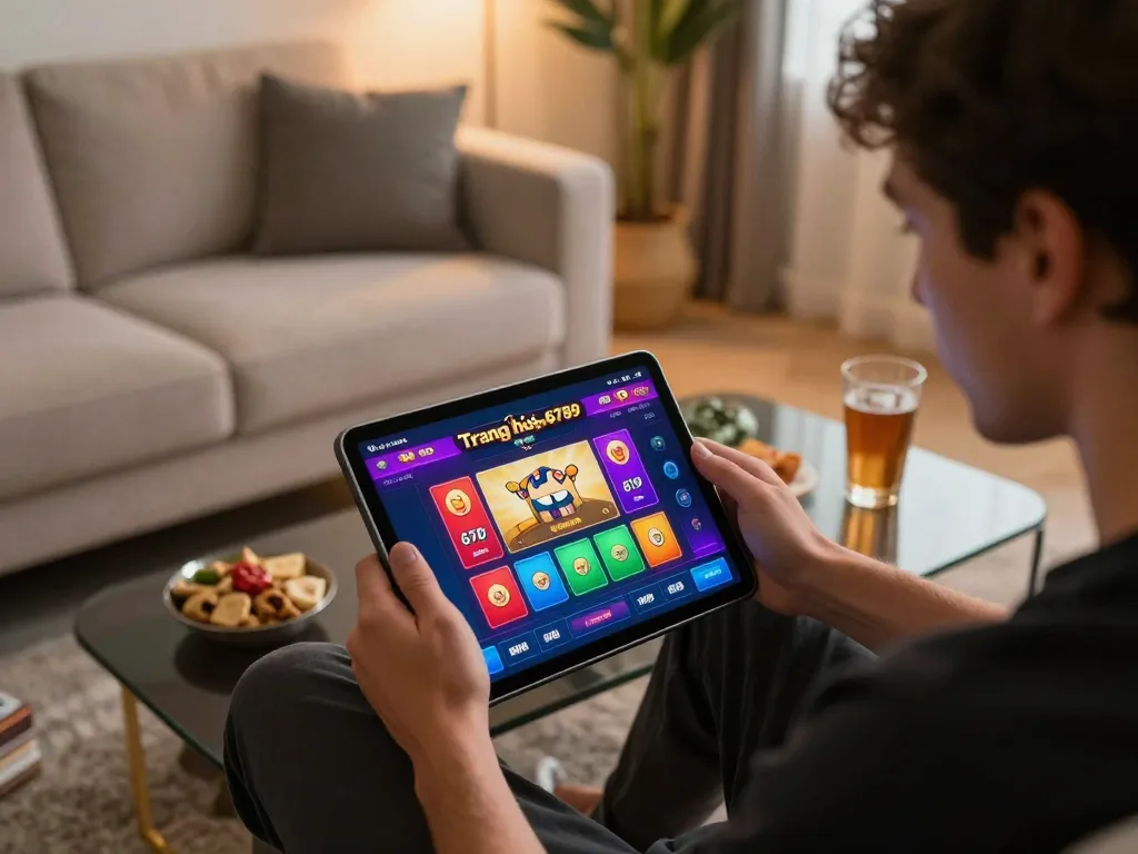 Engaged player enjoying the Trang chủ 6789 online casino gaming experience on a tablet in a cozy setting.