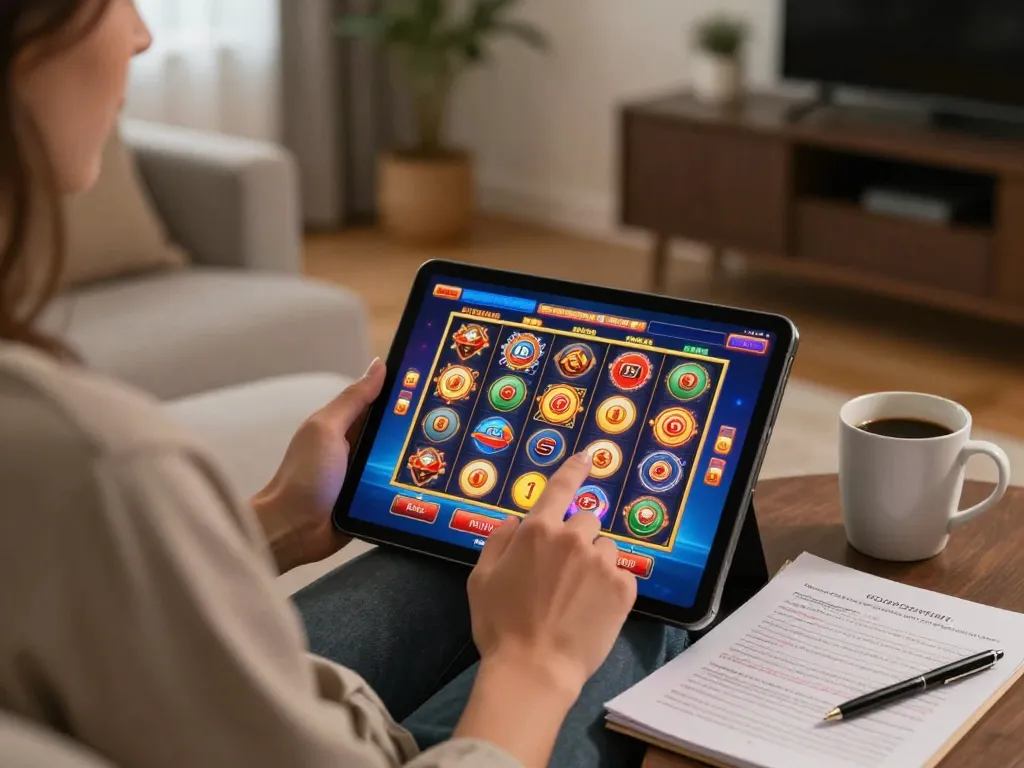 Player engaging with vnloto online slot games on a tablet in a cozy home setting.