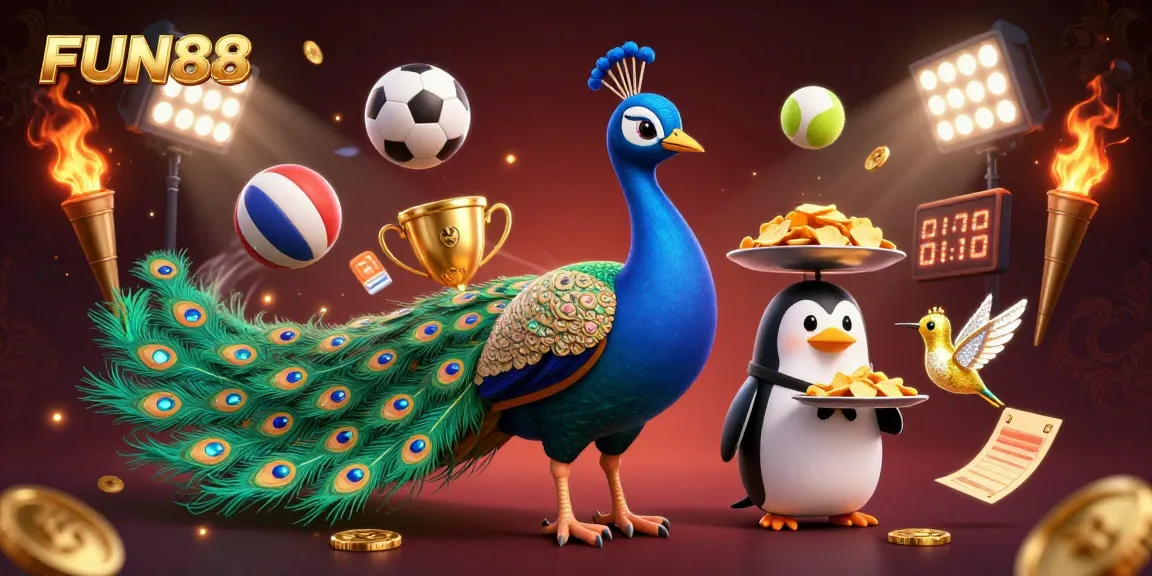 Engage in thrilling fun at FUN88 with a dazzling casino scene featuring animated characters and dynamic sports action.