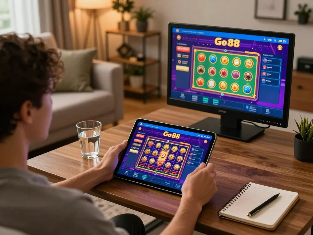 Player engaging with the Go 88 casino app on a tablet in cozy home setup, highlighting strategic gameplay.