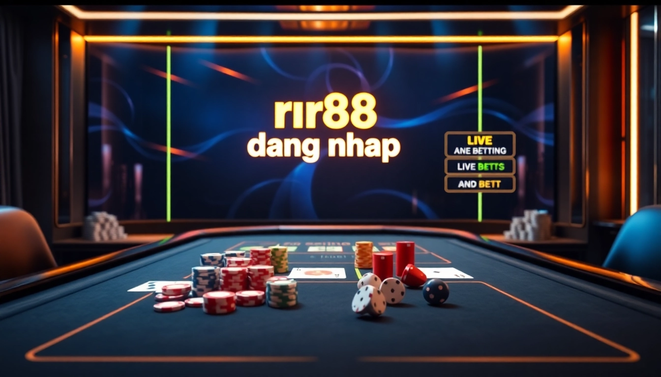 Experience the thrill of rr88 dang nhap at an upscale online casino table, showcasing vibrant chips and sleek design.