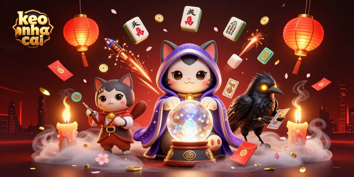 Engage with keo nha cai strategies through a vibrant mystical scene of fortune teller and glowing raven.