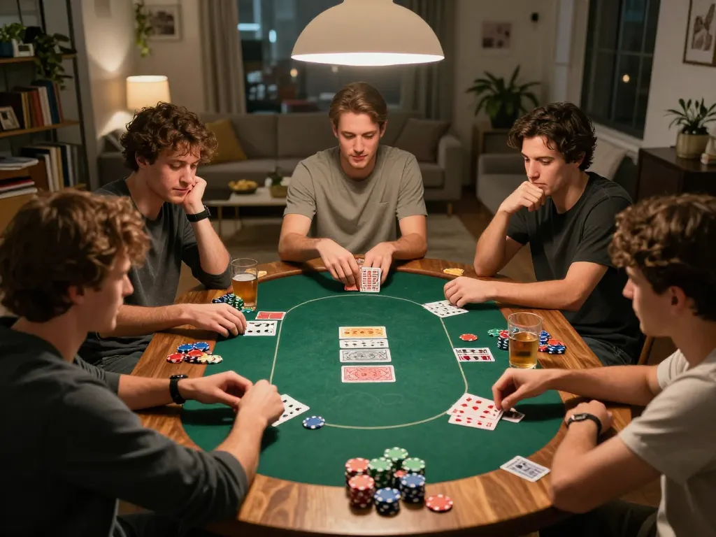 Friends enjoying a lively poker game at home, showcasing an engaging iwin club atmosphere with chips and cards spread across the table.