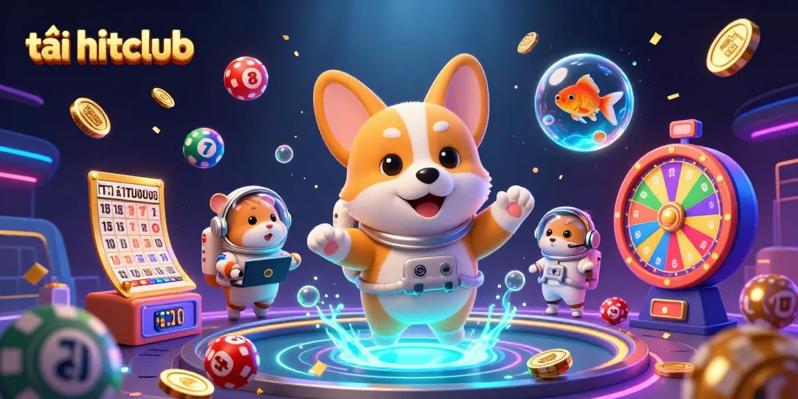 Engage in exciting gameplay at tải hitclub with a floating 3D astronaut corgi and vibrant casino elements.