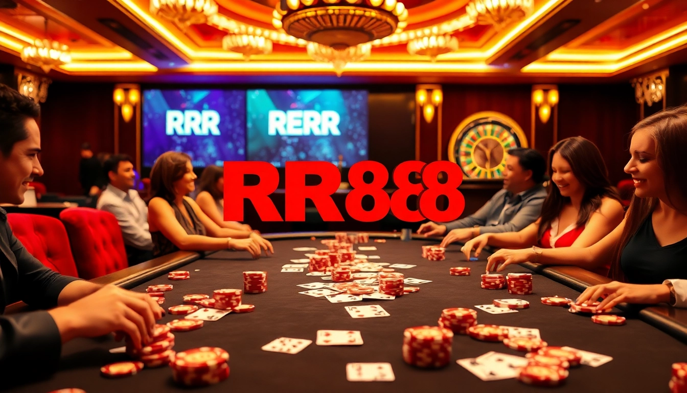 Experience thrill at RR88's vibrant casino with poker tables, chips, and roulette wheels.