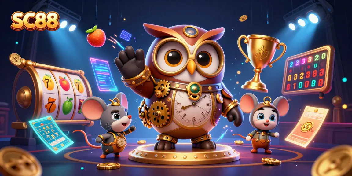Celebrate wins with SC88-themed slot reels and creatures in a magical casino atmosphere.