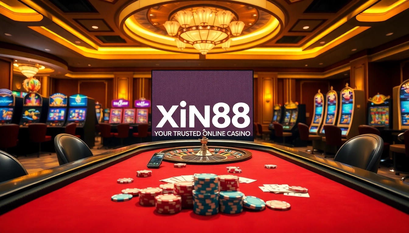 Experience thrilling gameplay at Xin88, featuring vibrant poker chips and an inviting casino atmosphere.