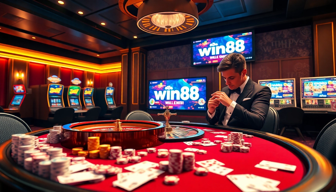 The excitement of winning at https://win88.cfd/ with poker chips, cards, and a roulette wheel in a luxurious casino setting.