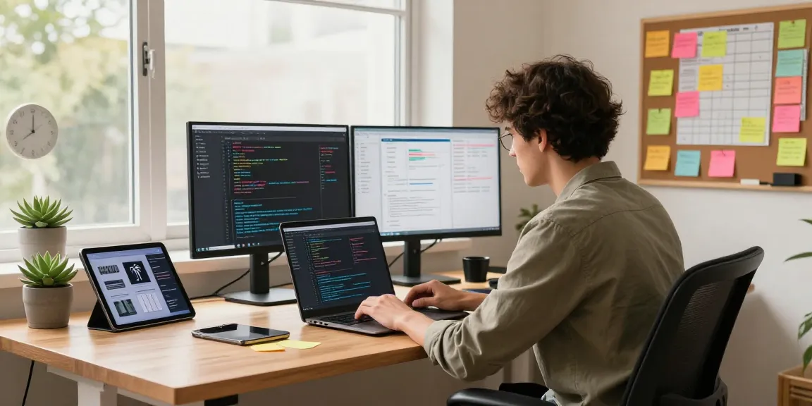 Interactive tech workspace highlighting c88nano.com coding practices, featuring a developer at dual screens, creating applications in a vibrant atmosphere.