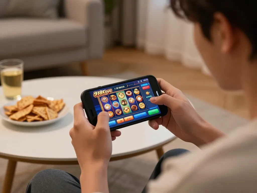 Engaging in mobile play while enjoying 918Kaya slots on a smartphone in a cozy atmosphere