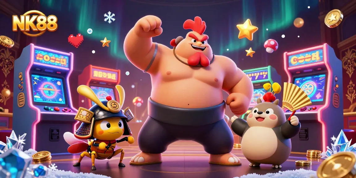 Engage in thrilling gameplay at NK88 with a vibrant scene featuring dynamic characters and casino elements.