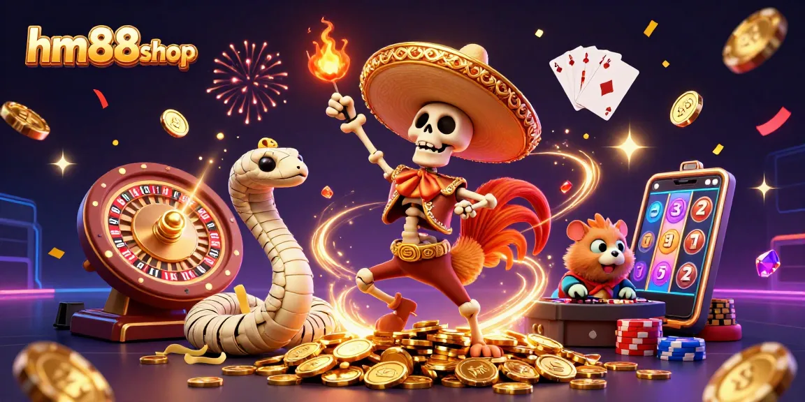 Experience the excitement at hm88shop with a lively casino scene featuring a triumphant mariachi rooster.