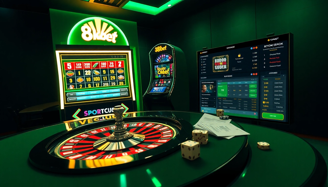 8kbet online casino action showing dynamic roulette spin and vibrant slot machine gameplay