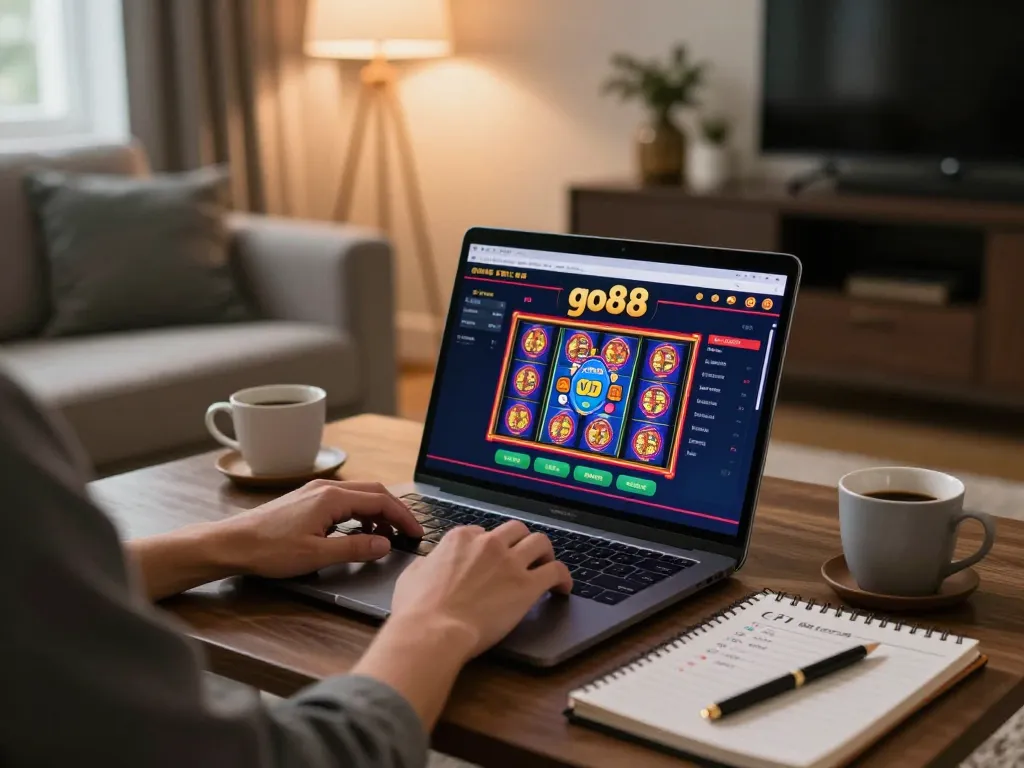 Player engaging with go88 online casino on a laptop, displaying vibrant slot games in cozy home setting.