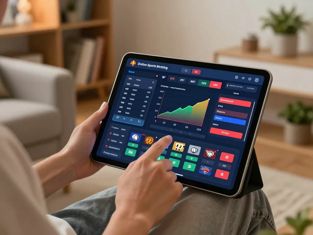 Engaging in sports betting at https://rr88.gratis/ with vibrant live stats on tablet in cozy home.