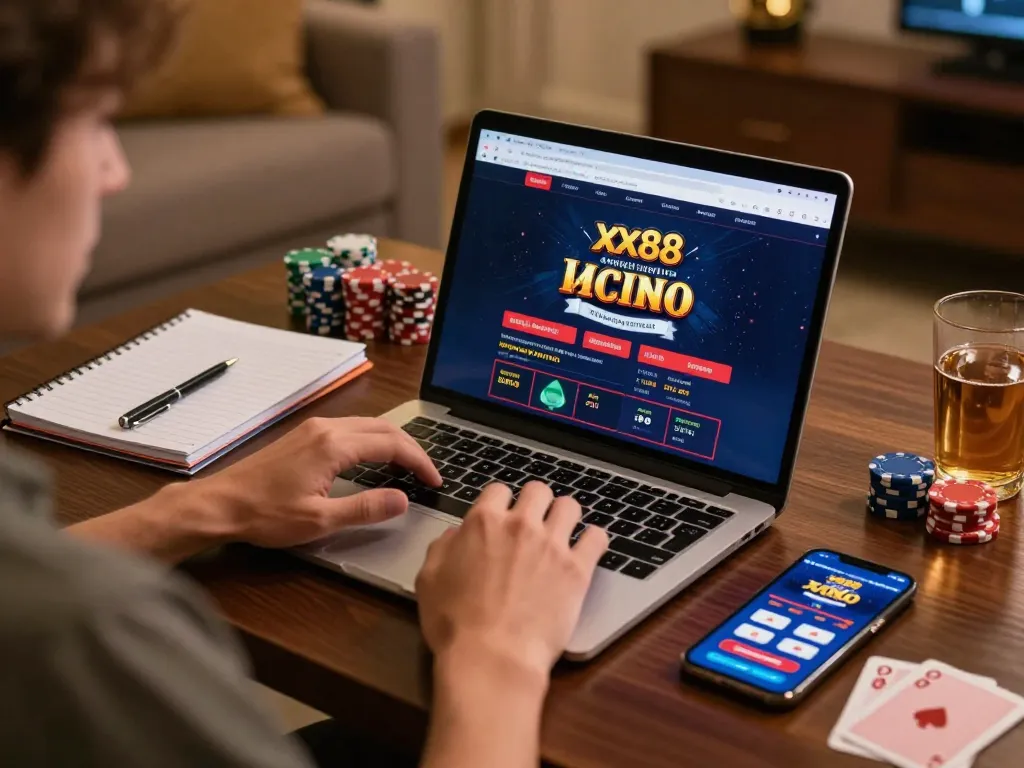 Player engaging in xx88 online casino gaming with strategy notes and laptop.