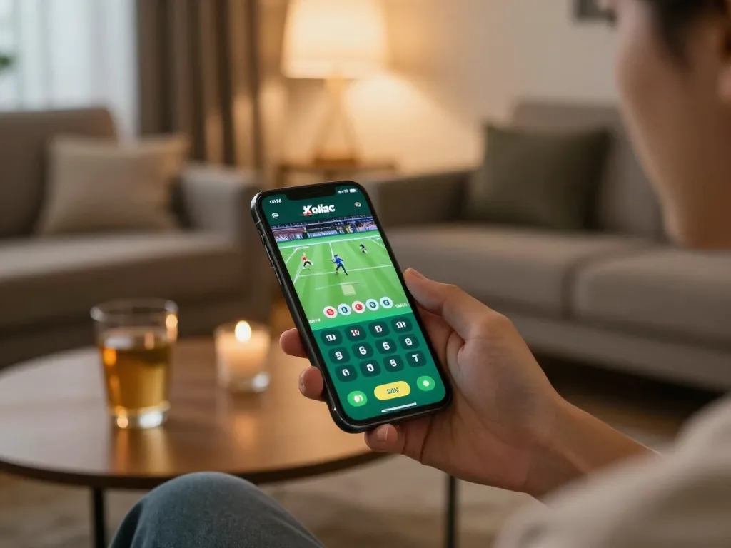 Xoilac sports betting app streamed on smartphone during a cozy gaming session at home.