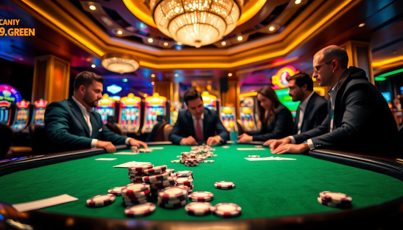 Players at a thrilling poker game with stakes rising at https://89bet.green/ - a vibrant casino scene.