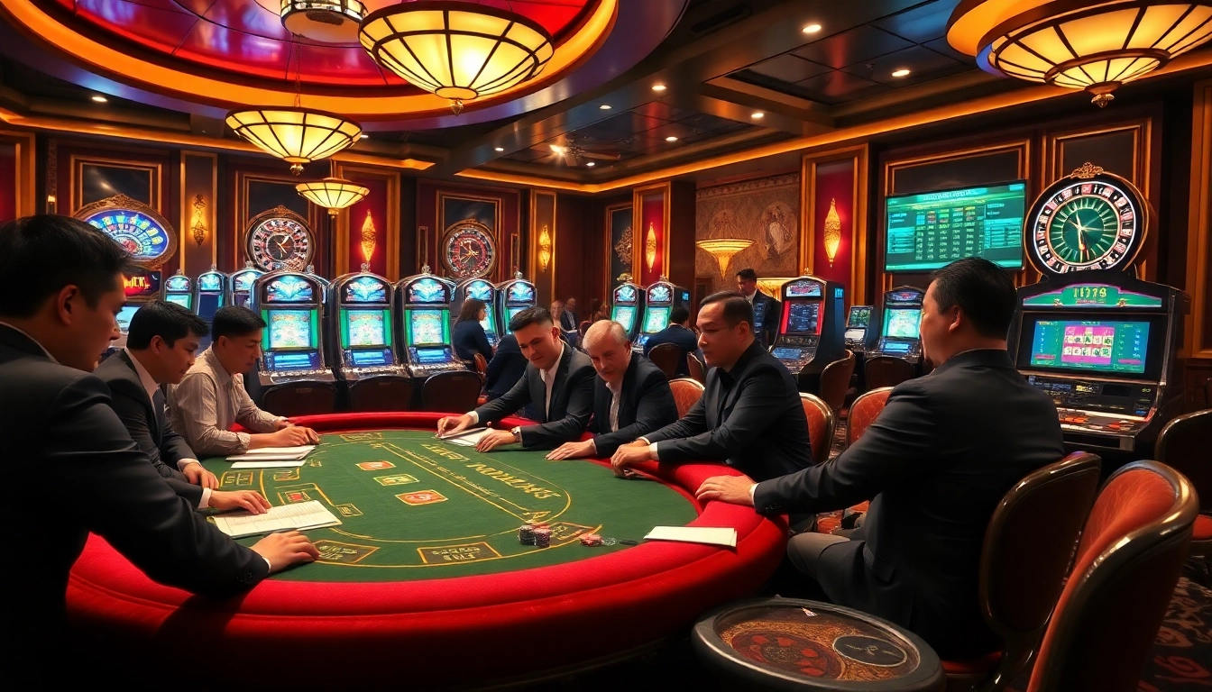 F168 casino scene with players at a poker table, showcasing excitement and luxury in gambling.