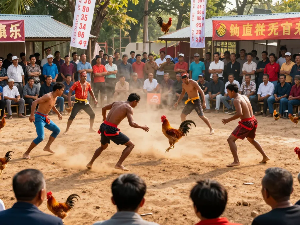 Intense đá gà mb66 match with energetic crowd participating and placing bets in a lively arena