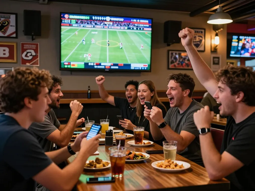 lu88 sports betting excitement with fans cheering on a live game and placing bets on their smartphones
