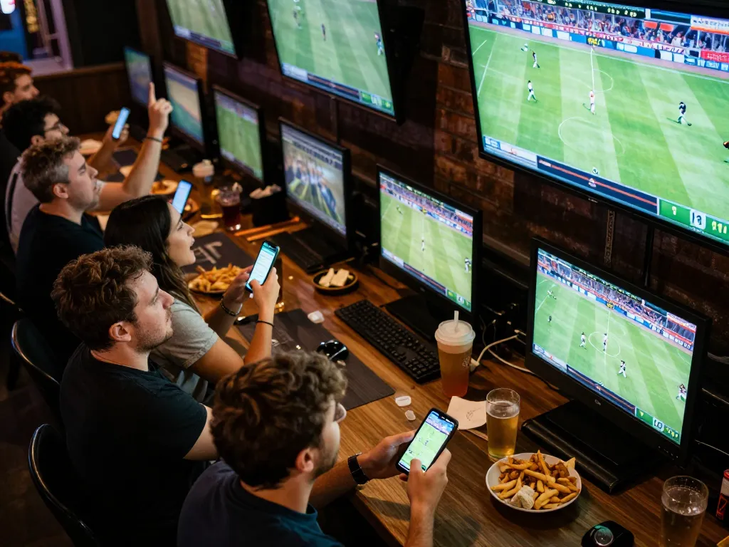 Engaging scene of sports betting with patrons focused on Link vào Vin88 mobile app for live betting