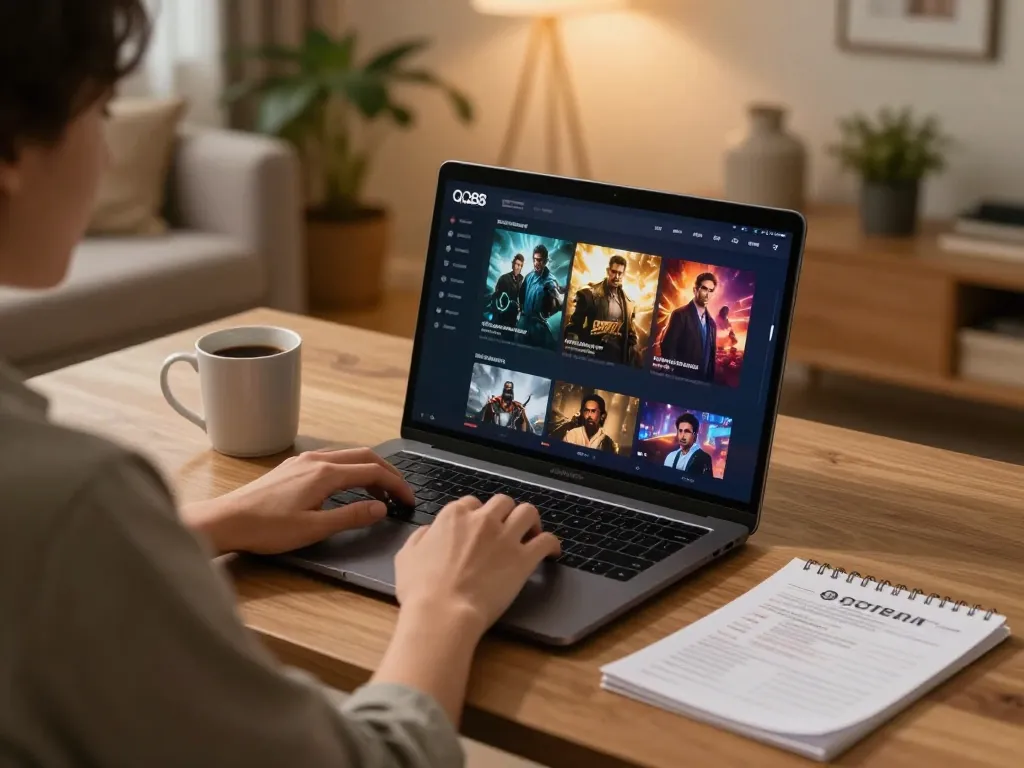 Engaging with QQ88 movie on a laptop for online casino gaming in a cozy home setup.