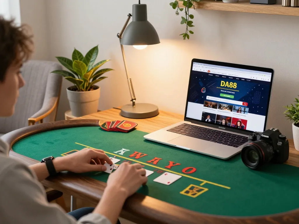 Player exploring DA88 online casino gaming on laptop in a cozy home setting, emphasizing strategic play.