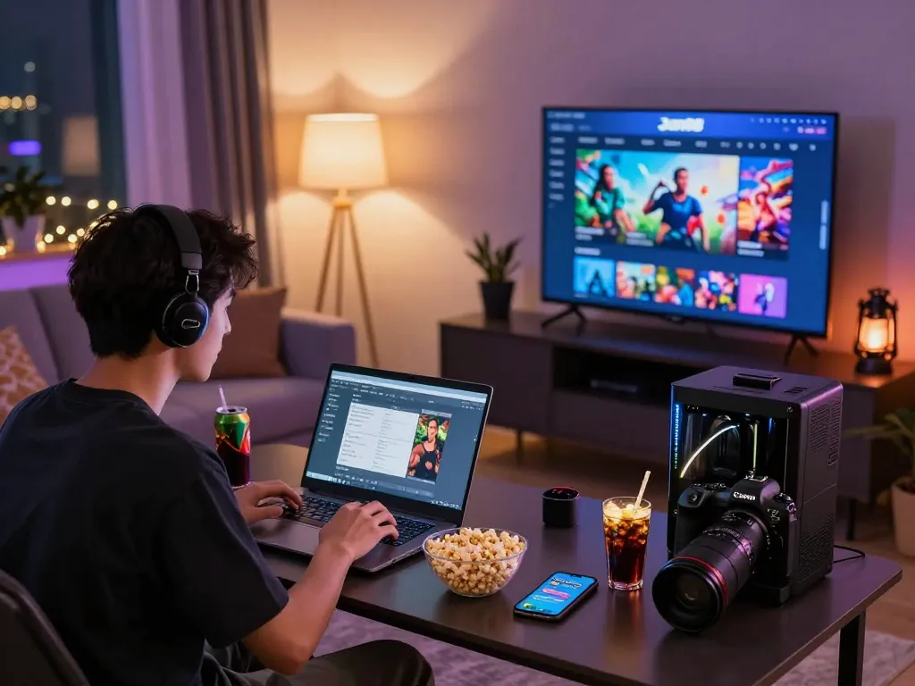 Exciting gaming environment featuring a user engaged with nhà cái jun88 platform, showcasing snacks and lively decor.