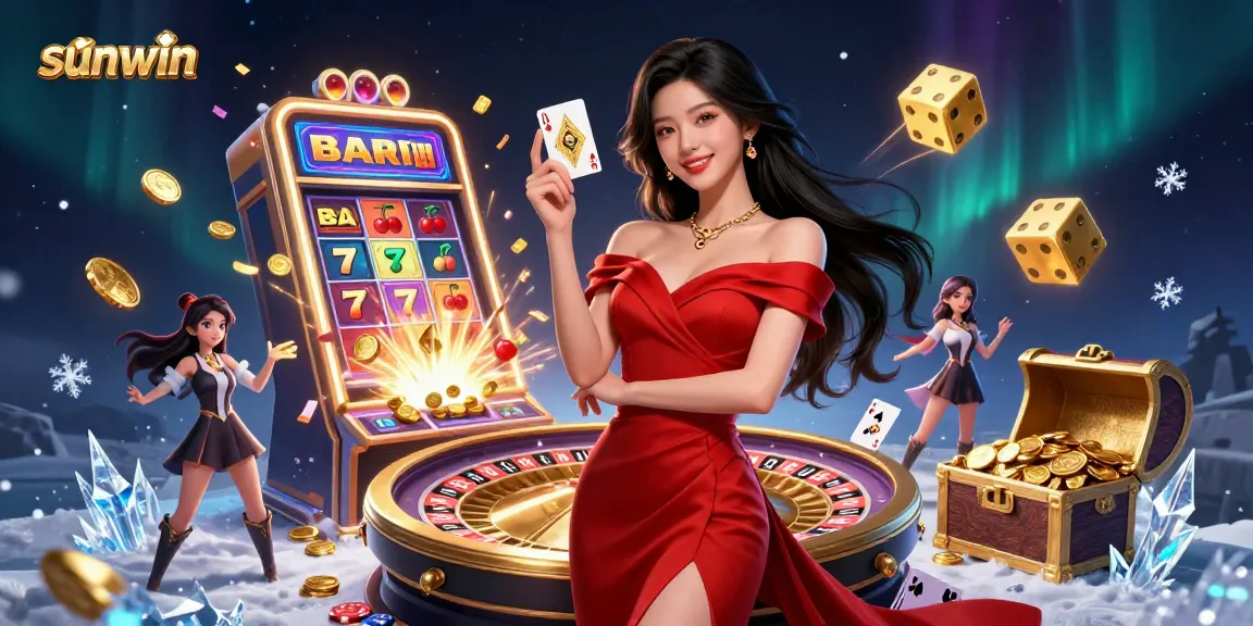 Experience thrilling gameplay at sunwin with Asian beauty showcasing golden cards and vibrant casino elements.
