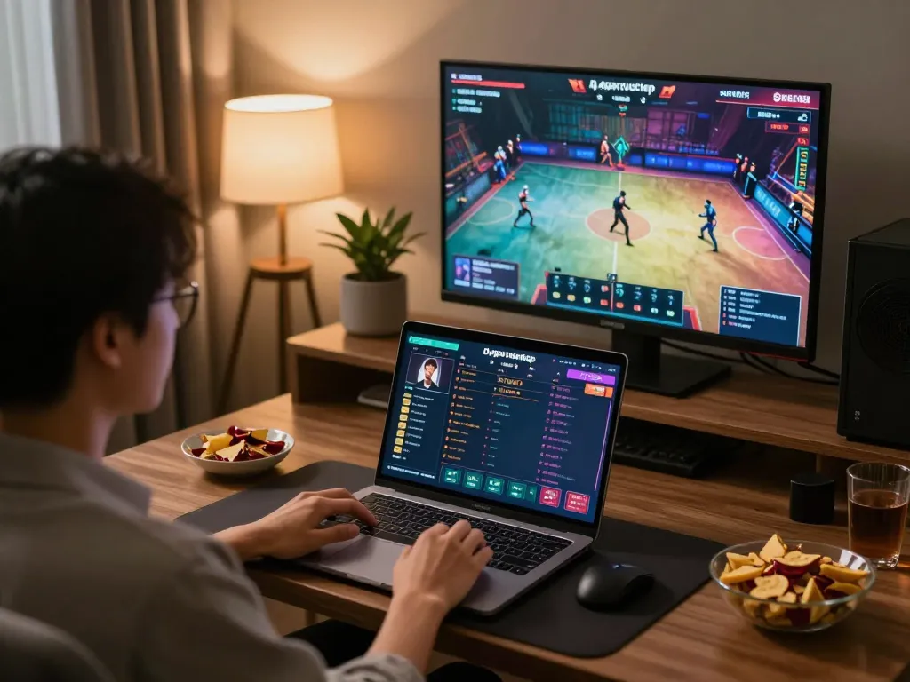 Engaged viewer watches dagatructiep live stream on laptop, showcasing premium online gaming setup.