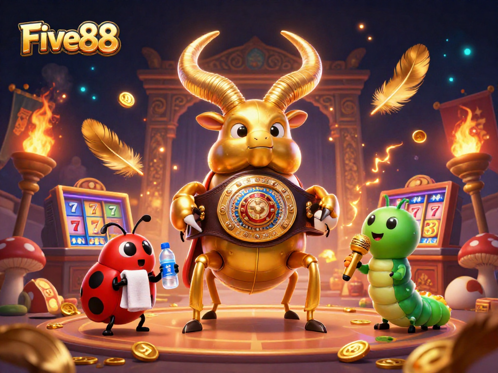 Five88 showcases an intense 3D casino scene featuring a golden stag beetle in a boxing belt amidst vibrant slot reels.