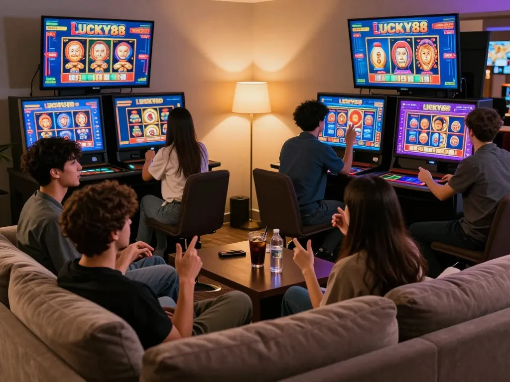 Players celebrating a big win on LUCKY88 slot in a lively online casino environment