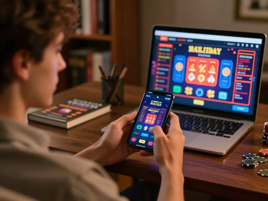 Player engaging in online gaming on o8 app, showcasing mobile casino action in cozy home setting