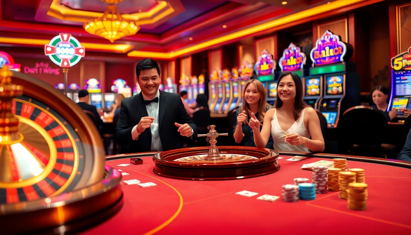 Engaging gamblers playing at a luxurious casino table representing https://58winvn.us.com/ with chips, cards, and excitement.