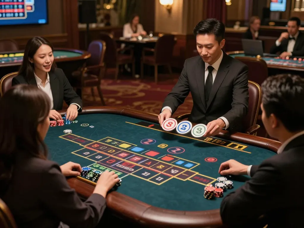 Players engaging in xocdia at an online casino with vibrant gameplay and a live dealer