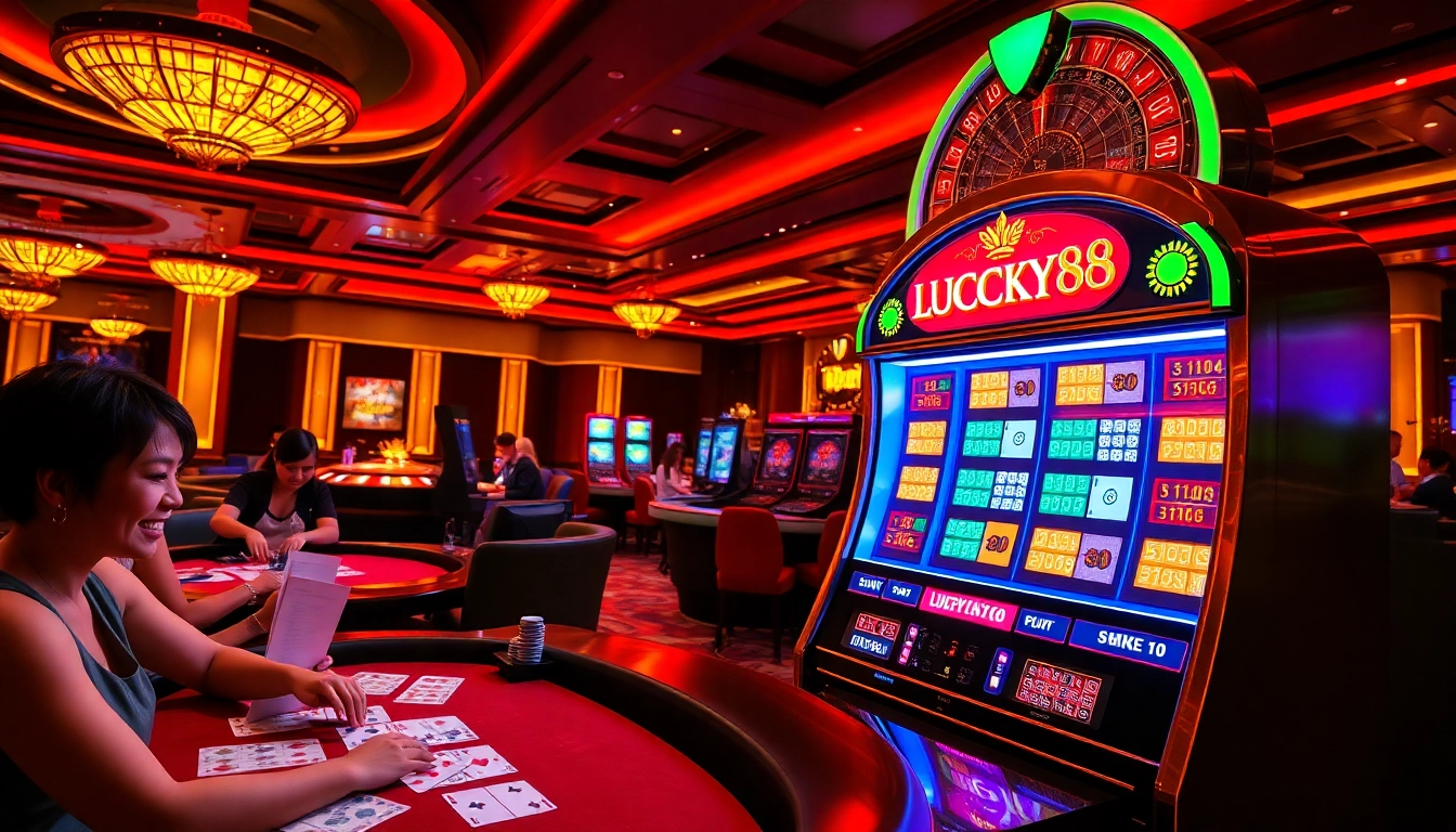 Experience the thrill of LUCKY88 slot machine amidst a luxurious casino atmosphere, full of excitement and betting action.