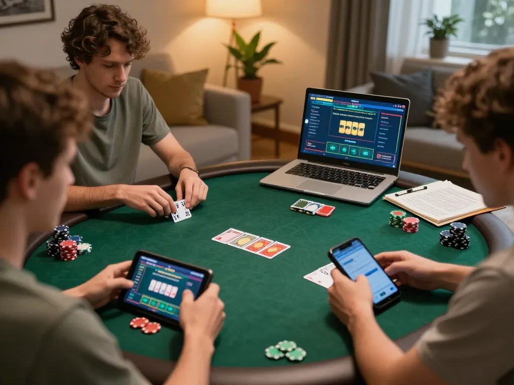Participants enjoying online poker gameplay on multiple devices with 11win gaming strategy notes nearby.