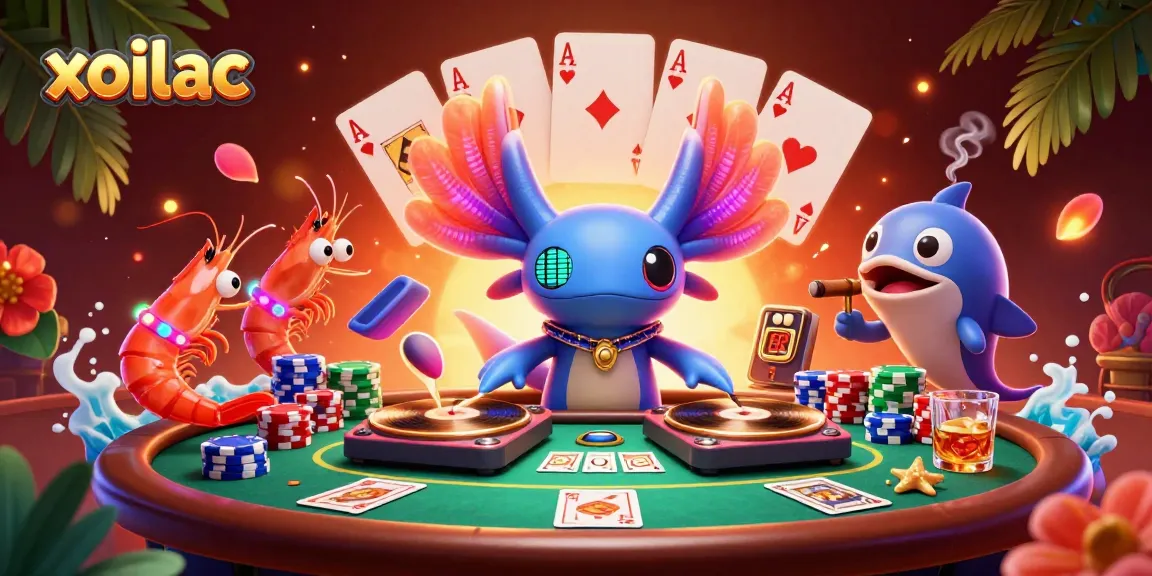 The vibrant axolac DJ spins records while shrimp dance and poker elements surround in this lively casino scene.