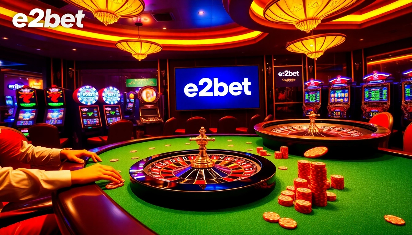 Players enjoying an exciting poker game at the e2bet casino, surrounded by vibrant gaming elements.